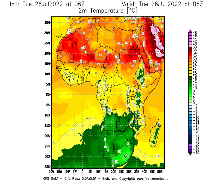 Mappa di analisi GFS - Temperatura a 2 metri dal suolo [°C] in Africa
							del 26/07/2022 06 <!--googleoff: index-->UTC<!--googleon: index-->