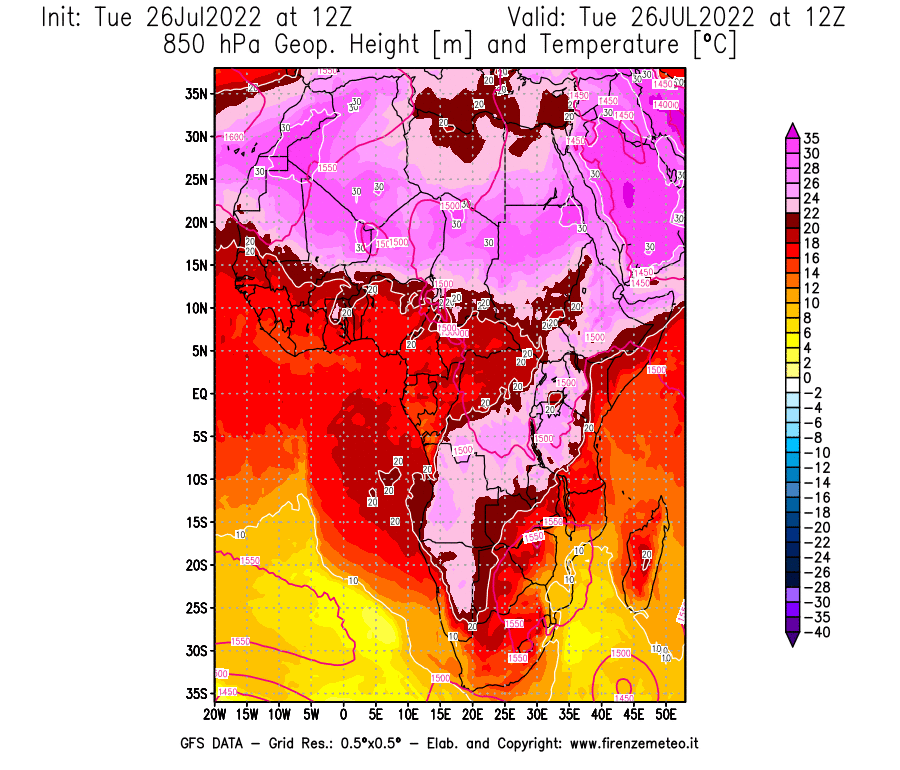 Mappa di analisi GFS - Geopotenziale [m] e Temperatura [°C] a 850 hPa in Africa
							del 26/07/2022 12 <!--googleoff: index-->UTC<!--googleon: index-->