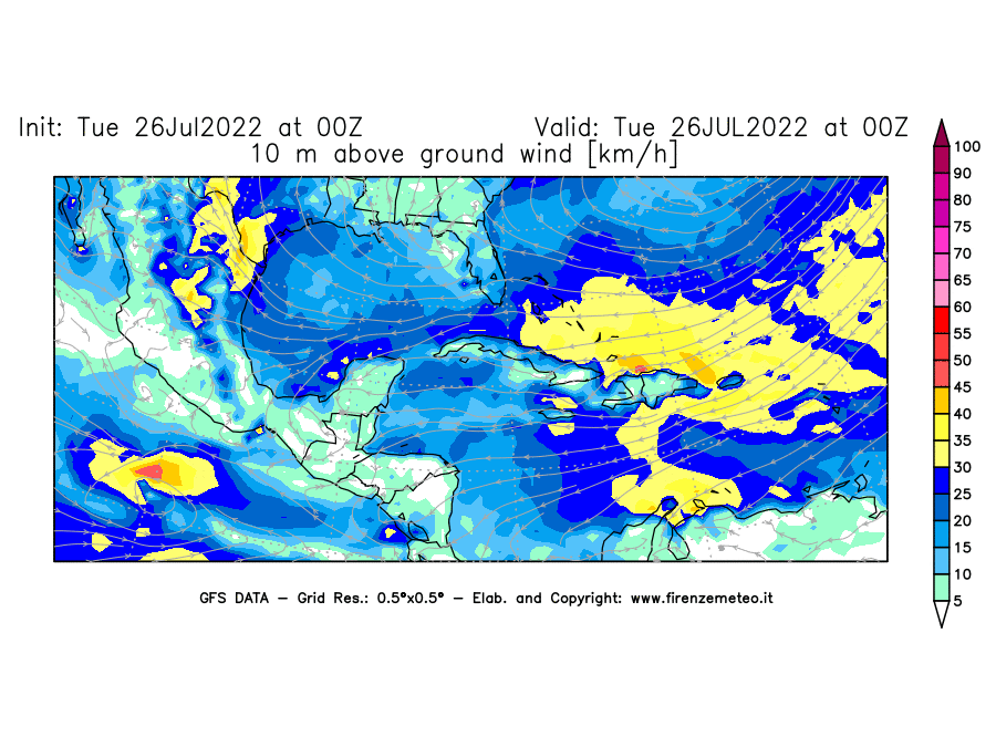 Mappa di analisi GFS - Velocità del vento a 10 metri dal suolo [km/h] in Centro-America
							del 26/07/2022 00 <!--googleoff: index-->UTC<!--googleon: index-->