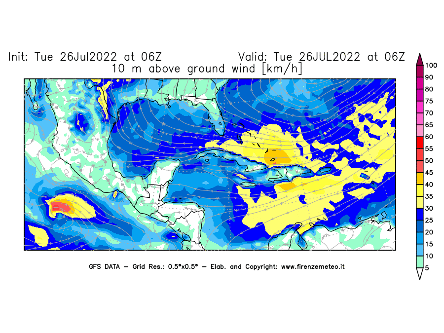 Mappa di analisi GFS - Velocità del vento a 10 metri dal suolo [km/h] in Centro-America
							del 26/07/2022 06 <!--googleoff: index-->UTC<!--googleon: index-->