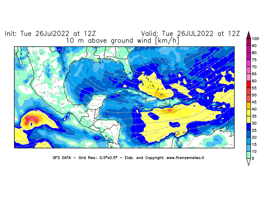 Mappa di analisi GFS - Velocità del vento a 10 metri dal suolo [km/h] in Centro-America
							del 26/07/2022 12 <!--googleoff: index-->UTC<!--googleon: index-->