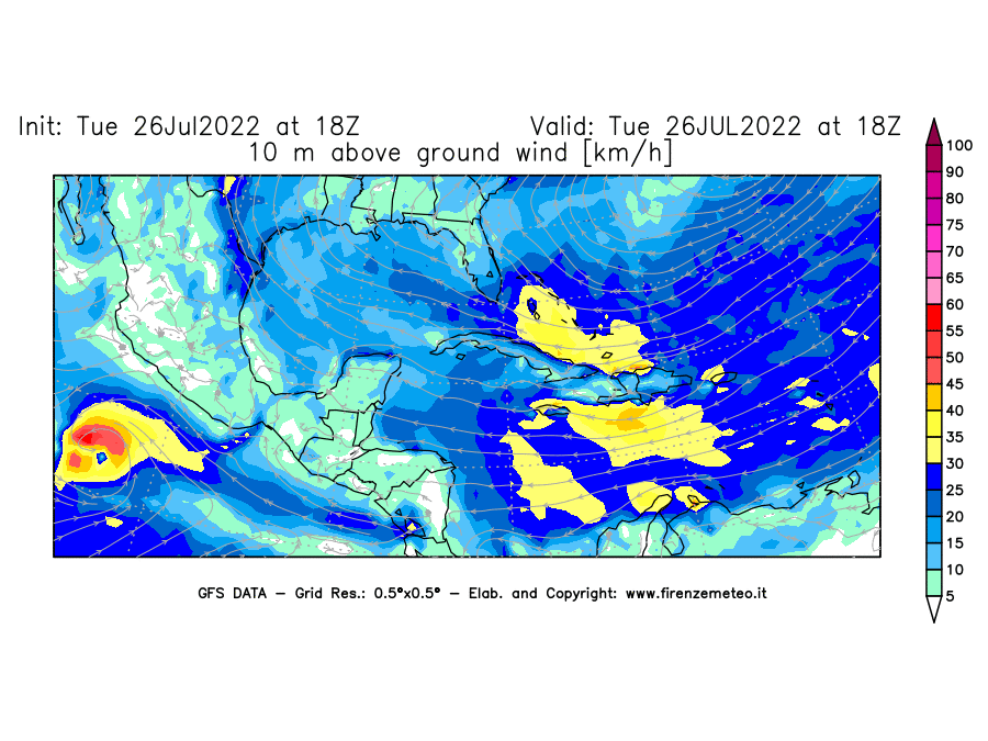 Mappa di analisi GFS - Velocità del vento a 10 metri dal suolo [km/h] in Centro-America
							del 26/07/2022 18 <!--googleoff: index-->UTC<!--googleon: index-->