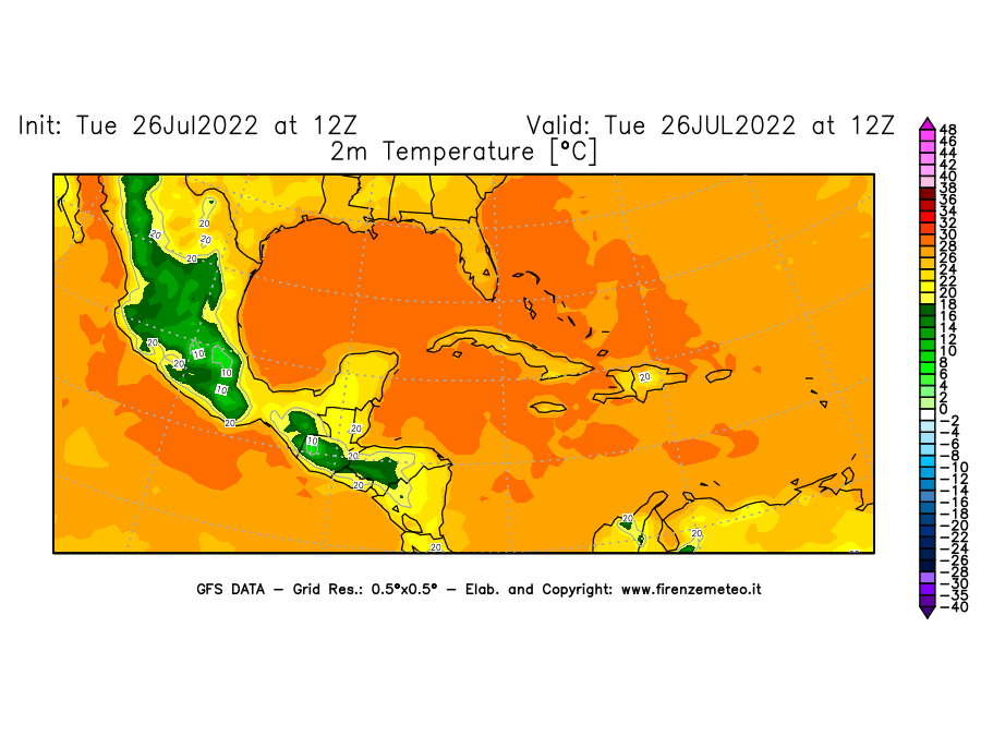 Mappa di analisi GFS - Temperatura a 2 metri dal suolo [°C] in Centro-America
							del 26/07/2022 12 <!--googleoff: index-->UTC<!--googleon: index-->