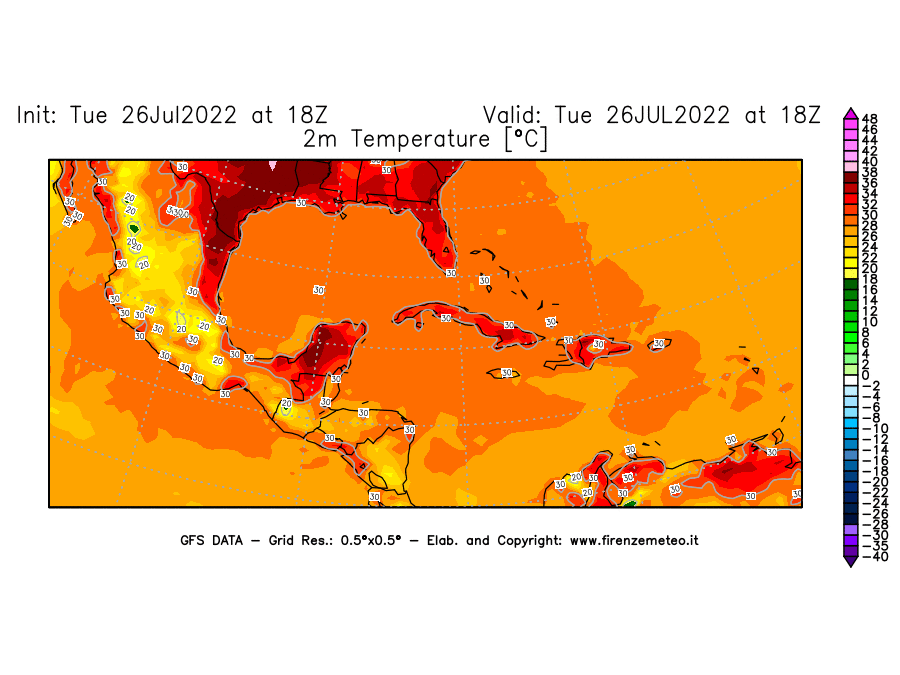 Mappa di analisi GFS - Temperatura a 2 metri dal suolo [°C] in Centro-America
							del 26/07/2022 18 <!--googleoff: index-->UTC<!--googleon: index-->