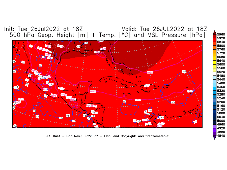 Mappa di analisi GFS - Geopotenziale [m] + Temp. [°C] a 500 hPa + Press. a livello del mare [hPa] in Centro-America
							del 26/07/2022 18 <!--googleoff: index-->UTC<!--googleon: index-->