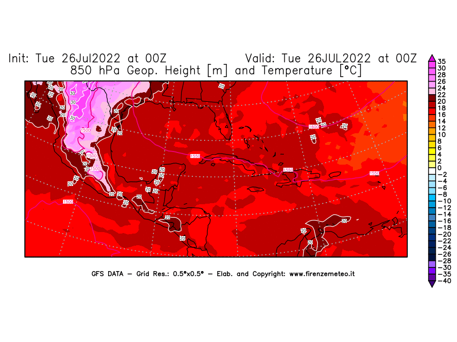 Mappa di analisi GFS - Geopotenziale [m] e Temperatura [°C] a 850 hPa in Centro-America
							del 26/07/2022 00 <!--googleoff: index-->UTC<!--googleon: index-->