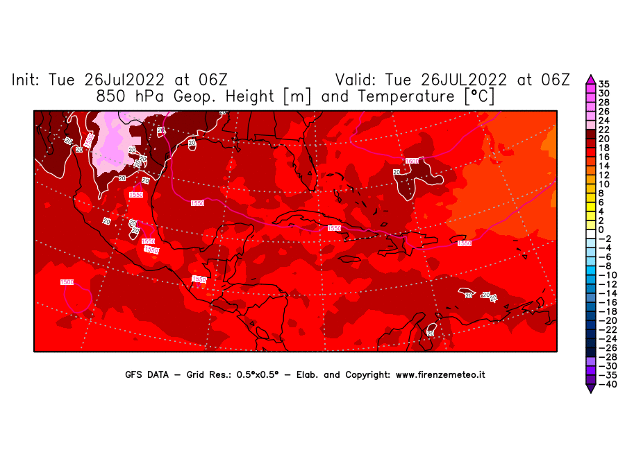 Mappa di analisi GFS - Geopotenziale [m] e Temperatura [°C] a 850 hPa in Centro-America
							del 26/07/2022 06 <!--googleoff: index-->UTC<!--googleon: index-->