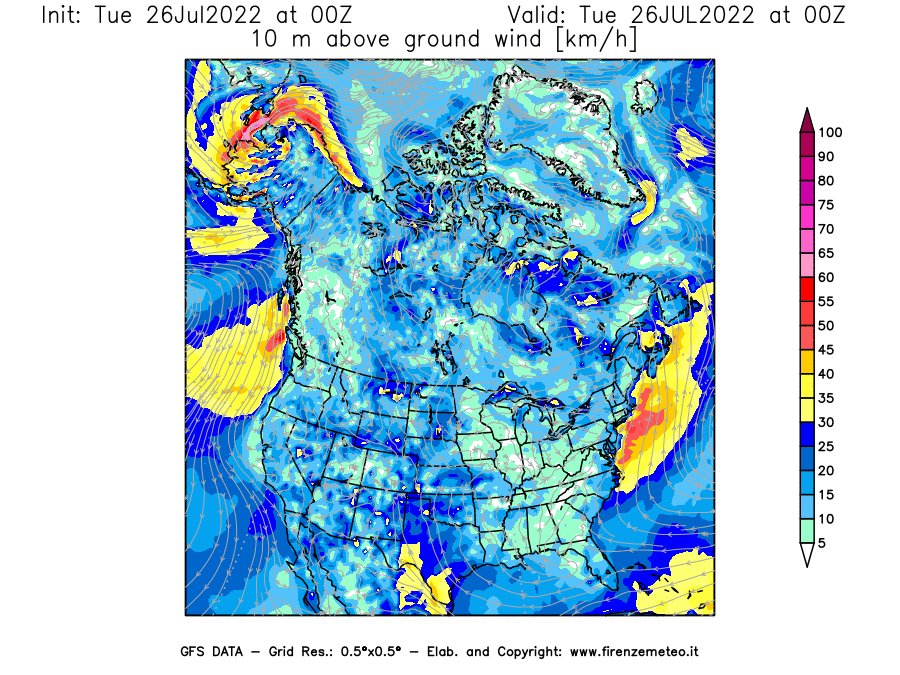 Mappa di analisi GFS - Velocità del vento a 10 metri dal suolo [km/h] in Nord-America
							del 26/07/2022 00 <!--googleoff: index-->UTC<!--googleon: index-->