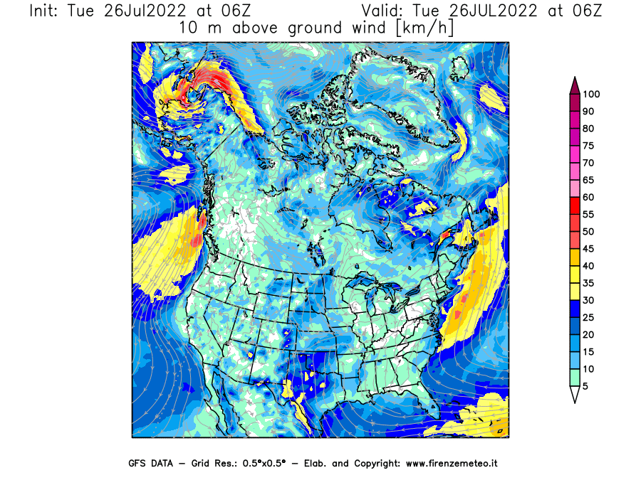 Mappa di analisi GFS - Velocità del vento a 10 metri dal suolo [km/h] in Nord-America
							del 26/07/2022 06 <!--googleoff: index-->UTC<!--googleon: index-->