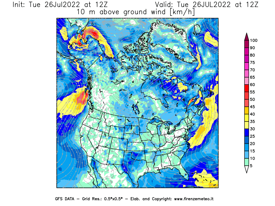 Mappa di analisi GFS - Velocità del vento a 10 metri dal suolo [km/h] in Nord-America
							del 26/07/2022 12 <!--googleoff: index-->UTC<!--googleon: index-->