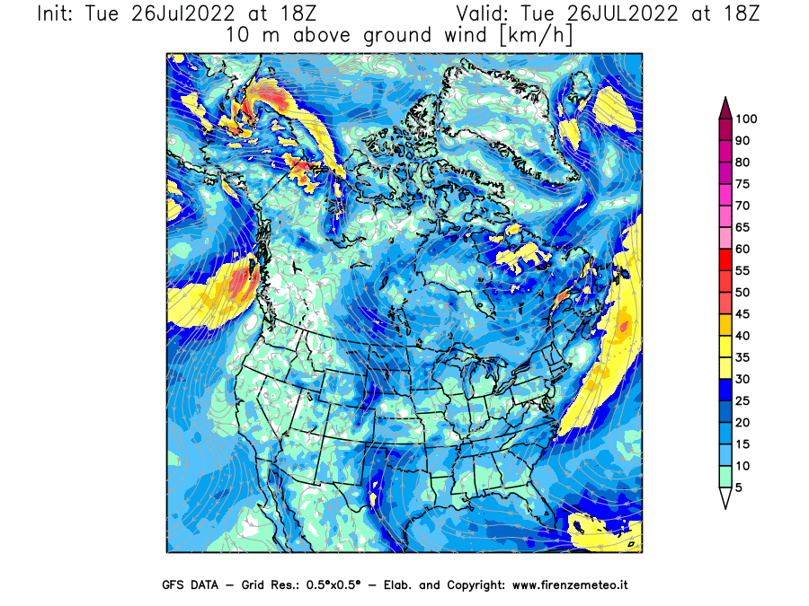 Mappa di analisi GFS - Velocità del vento a 10 metri dal suolo [km/h] in Nord-America
							del 26/07/2022 18 <!--googleoff: index-->UTC<!--googleon: index-->