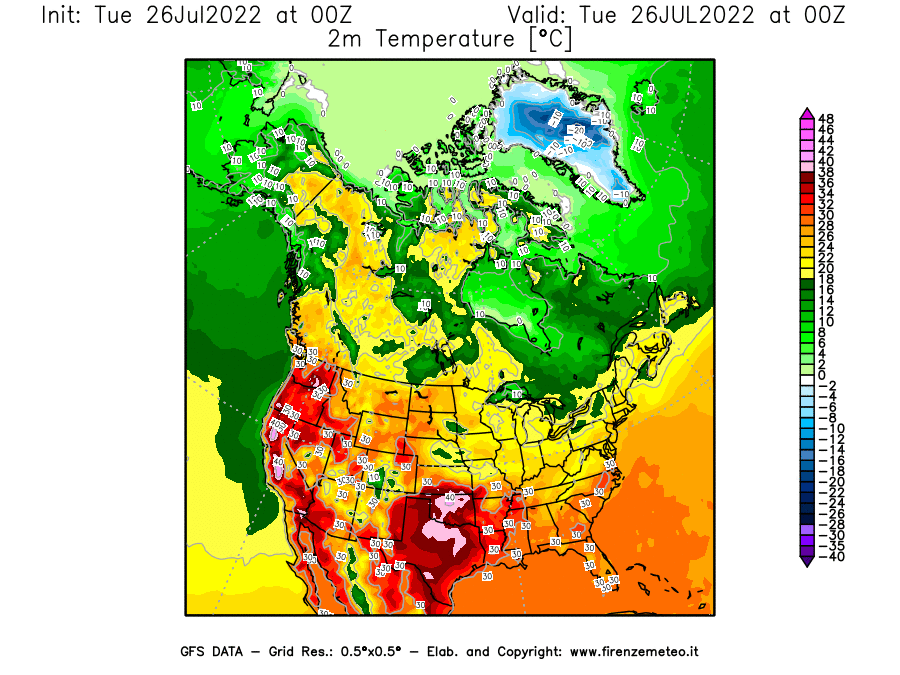 Mappa di analisi GFS - Temperatura a 2 metri dal suolo [°C] in Nord-America
							del 26/07/2022 00 <!--googleoff: index-->UTC<!--googleon: index-->
