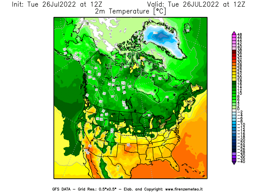 Mappa di analisi GFS - Temperatura a 2 metri dal suolo [°C] in Nord-America
							del 26/07/2022 12 <!--googleoff: index-->UTC<!--googleon: index-->