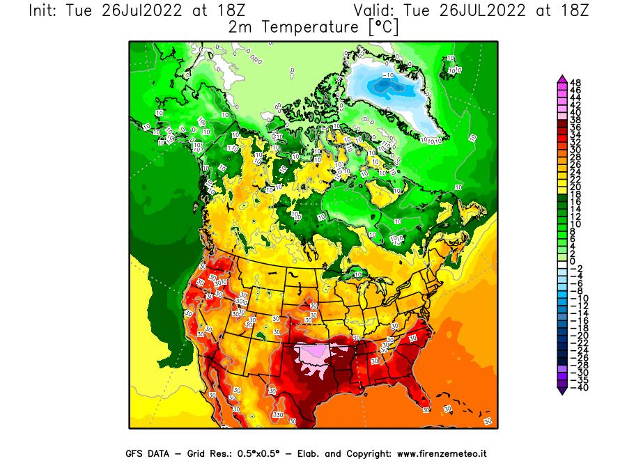 Mappa di analisi GFS - Temperatura a 2 metri dal suolo [°C] in Nord-America
							del 26/07/2022 18 <!--googleoff: index-->UTC<!--googleon: index-->