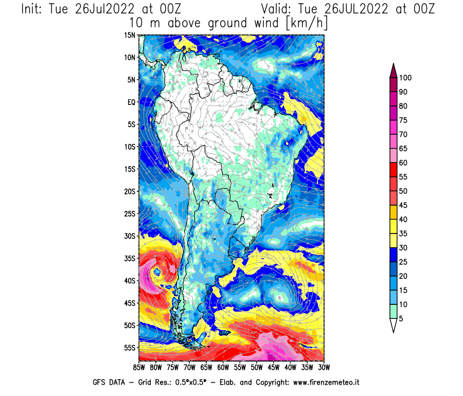 Mappa di analisi GFS - Velocità del vento a 10 metri dal suolo [km/h] in Sud-America
							del 26/07/2022 00 <!--googleoff: index-->UTC<!--googleon: index-->