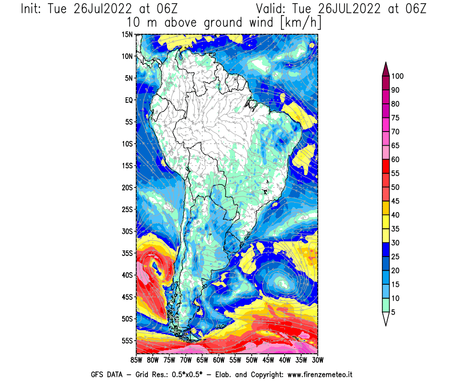Mappa di analisi GFS - Velocità del vento a 10 metri dal suolo [km/h] in Sud-America
							del 26/07/2022 06 <!--googleoff: index-->UTC<!--googleon: index-->
