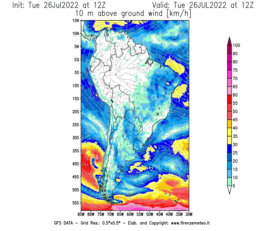 Mappa di analisi GFS - Velocità del vento a 10 metri dal suolo [km/h] in Sud-America
							del 26/07/2022 12 <!--googleoff: index-->UTC<!--googleon: index-->