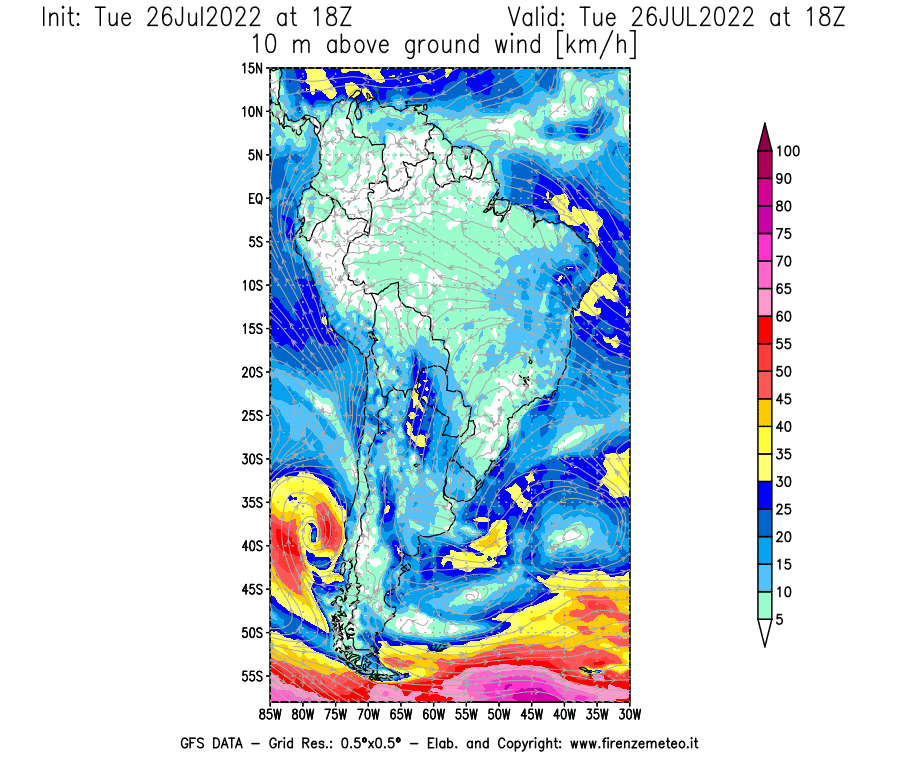 Mappa di analisi GFS - Velocità del vento a 10 metri dal suolo [km/h] in Sud-America
							del 26/07/2022 18 <!--googleoff: index-->UTC<!--googleon: index-->