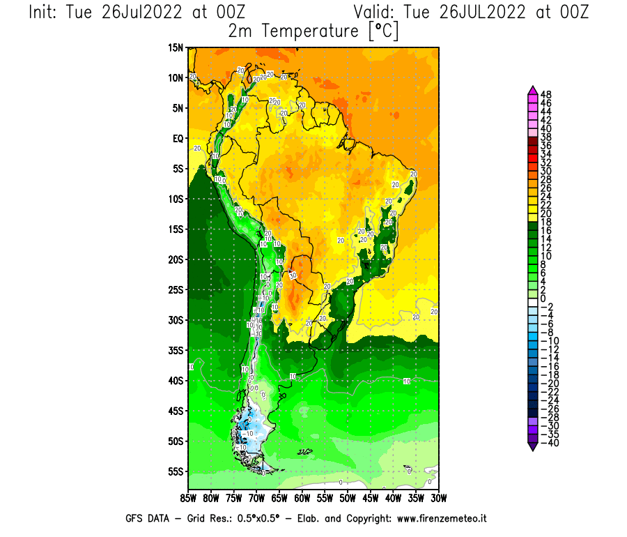 Mappa di analisi GFS - Temperatura a 2 metri dal suolo [°C] in Sud-America
							del 26/07/2022 00 <!--googleoff: index-->UTC<!--googleon: index-->