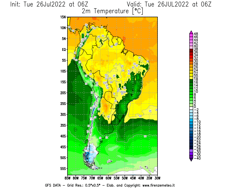 Mappa di analisi GFS - Temperatura a 2 metri dal suolo [°C] in Sud-America
							del 26/07/2022 06 <!--googleoff: index-->UTC<!--googleon: index-->