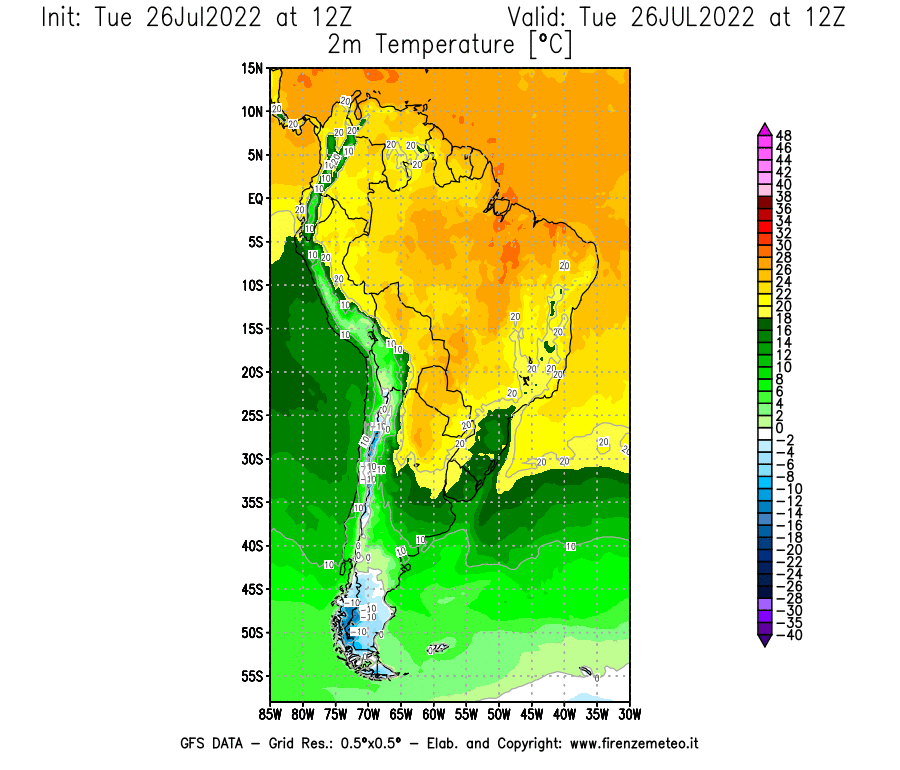 Mappa di analisi GFS - Temperatura a 2 metri dal suolo [°C] in Sud-America
							del 26/07/2022 12 <!--googleoff: index-->UTC<!--googleon: index-->