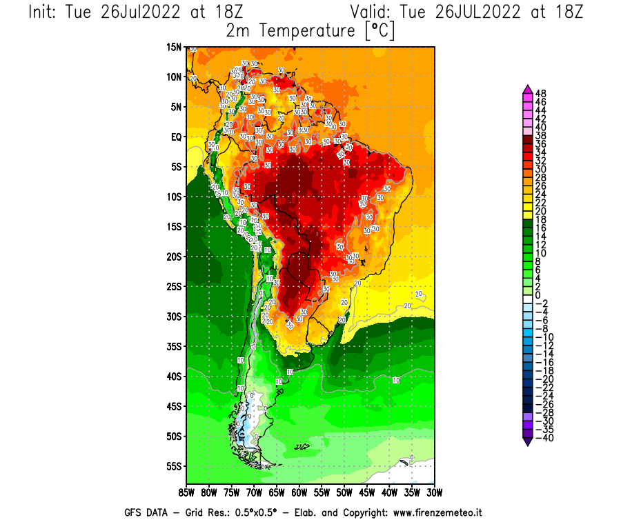 Mappa di analisi GFS - Temperatura a 2 metri dal suolo [°C] in Sud-America
							del 26/07/2022 18 <!--googleoff: index-->UTC<!--googleon: index-->