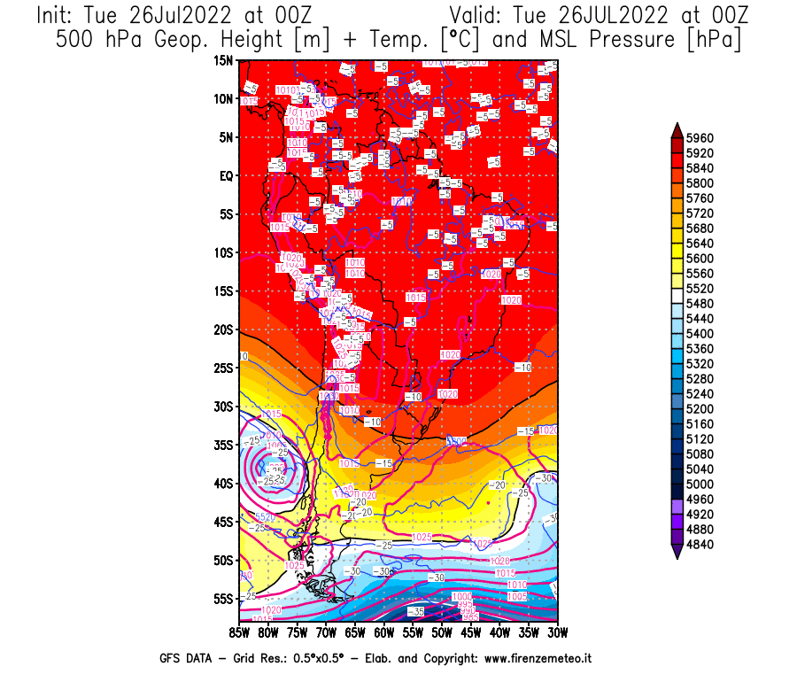 Mappa di analisi GFS - Geopotenziale [m] + Temp. [°C] a 500 hPa + Press. a livello del mare [hPa] in Sud-America
							del 26/07/2022 00 <!--googleoff: index-->UTC<!--googleon: index-->