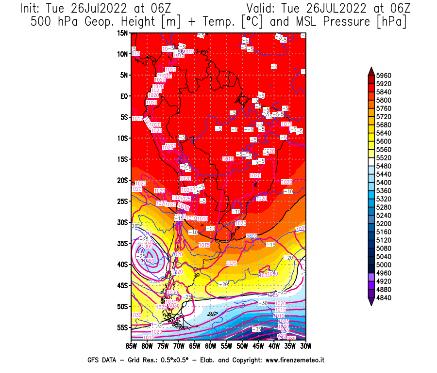 Mappa di analisi GFS - Geopotenziale [m] + Temp. [°C] a 500 hPa + Press. a livello del mare [hPa] in Sud-America
							del 26/07/2022 06 <!--googleoff: index-->UTC<!--googleon: index-->