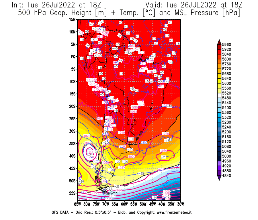 Mappa di analisi GFS - Geopotenziale [m] + Temp. [°C] a 500 hPa + Press. a livello del mare [hPa] in Sud-America
							del 26/07/2022 18 <!--googleoff: index-->UTC<!--googleon: index-->