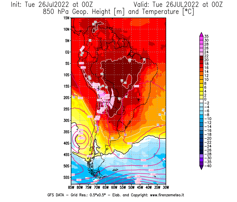 Mappa di analisi GFS - Geopotenziale [m] e Temperatura [°C] a 850 hPa in Sud-America
							del 26/07/2022 00 <!--googleoff: index-->UTC<!--googleon: index-->
