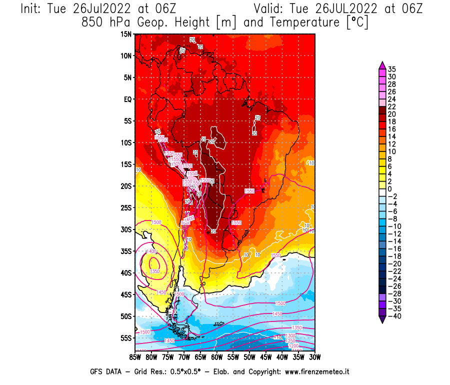 Mappa di analisi GFS - Geopotenziale [m] e Temperatura [°C] a 850 hPa in Sud-America
							del 26/07/2022 06 <!--googleoff: index-->UTC<!--googleon: index-->