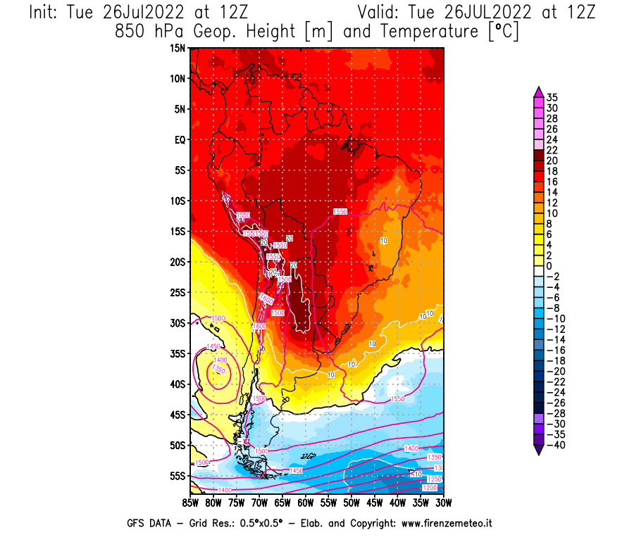 Mappa di analisi GFS - Geopotenziale [m] e Temperatura [°C] a 850 hPa in Sud-America
							del 26/07/2022 12 <!--googleoff: index-->UTC<!--googleon: index-->