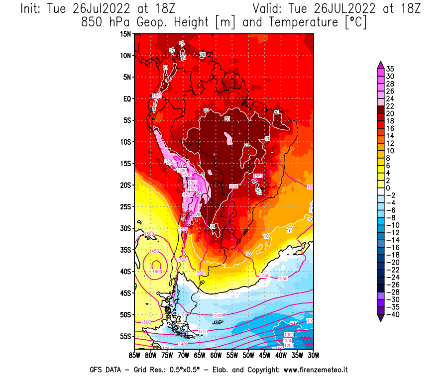 Mappa di analisi GFS - Geopotenziale [m] e Temperatura [°C] a 850 hPa in Sud-America
							del 26/07/2022 18 <!--googleoff: index-->UTC<!--googleon: index-->