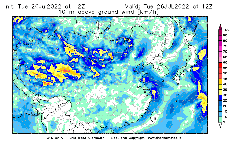 Mappa di analisi GFS - Velocità del vento a 10 metri dal suolo [km/h] in Asia Orientale
							del 26/07/2022 12 <!--googleoff: index-->UTC<!--googleon: index-->