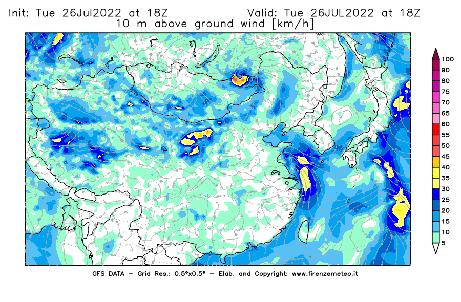 Mappa di analisi GFS - Velocità del vento a 10 metri dal suolo [km/h] in Asia Orientale
							del 26/07/2022 18 <!--googleoff: index-->UTC<!--googleon: index-->