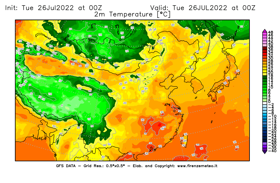 Mappa di analisi GFS - Temperatura a 2 metri dal suolo [°C] in Asia Orientale
							del 26/07/2022 00 <!--googleoff: index-->UTC<!--googleon: index-->
