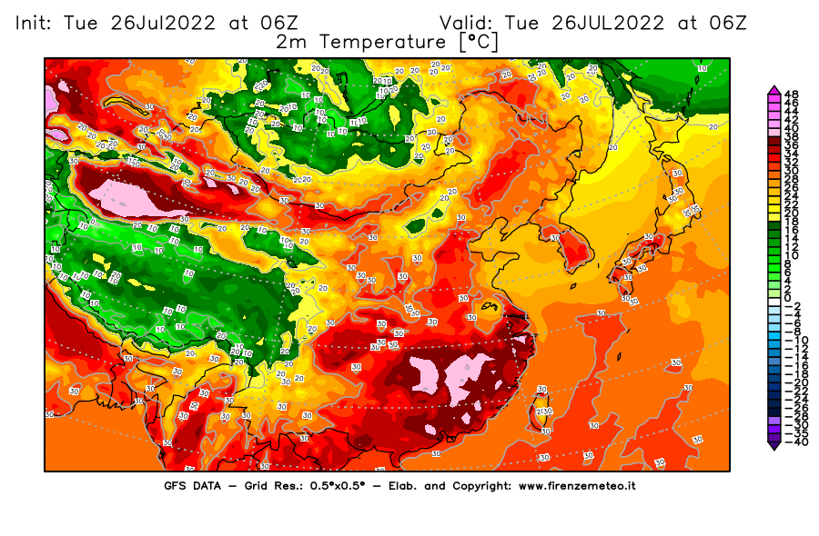 Mappa di analisi GFS - Temperatura a 2 metri dal suolo [°C] in Asia Orientale
							del 26/07/2022 06 <!--googleoff: index-->UTC<!--googleon: index-->
