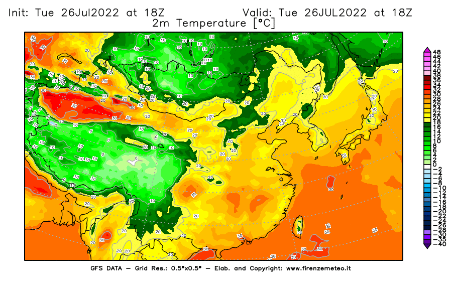 Mappa di analisi GFS - Temperatura a 2 metri dal suolo [°C] in Asia Orientale
							del 26/07/2022 18 <!--googleoff: index-->UTC<!--googleon: index-->