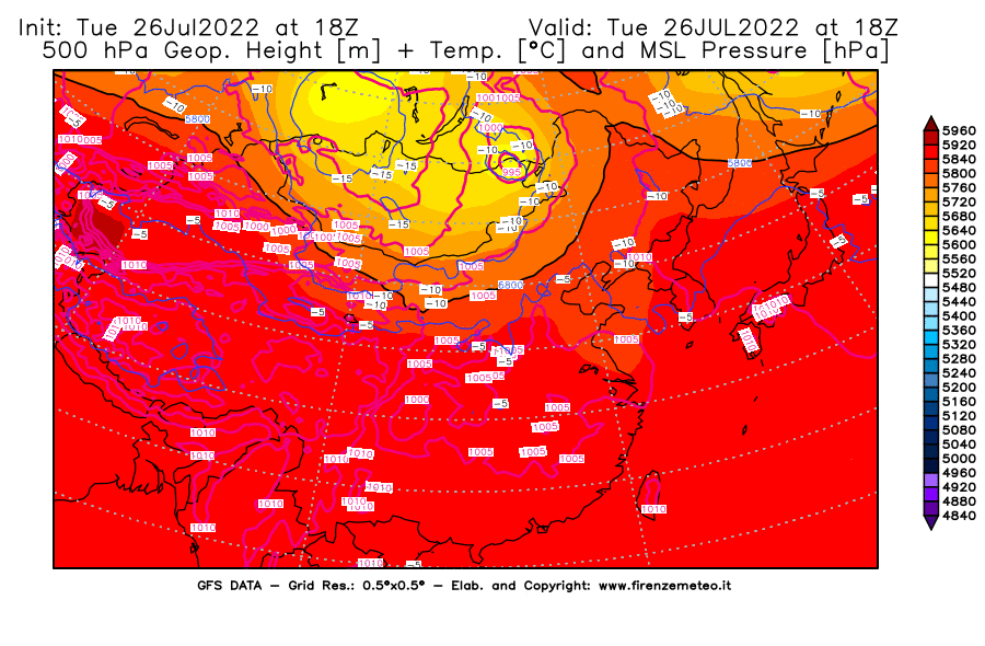 Mappa di analisi GFS - Geopotenziale [m] + Temp. [°C] a 500 hPa + Press. a livello del mare [hPa] in Asia Orientale
							del 26/07/2022 18 <!--googleoff: index-->UTC<!--googleon: index-->