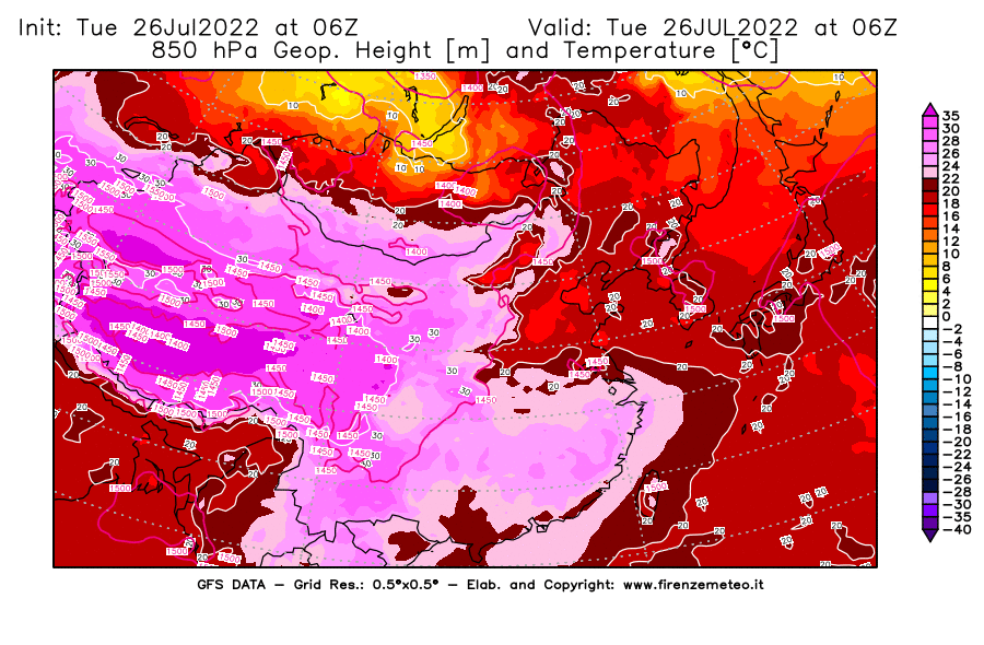 Mappa di analisi GFS - Geopotenziale [m] e Temperatura [°C] a 850 hPa in Asia Orientale
							del 26/07/2022 06 <!--googleoff: index-->UTC<!--googleon: index-->