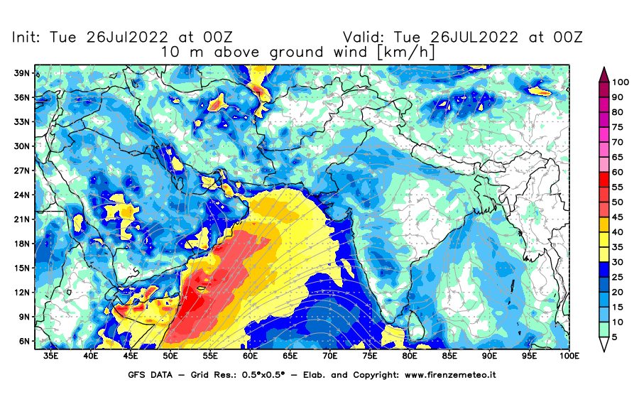 Mappa di analisi GFS - Velocità del vento a 10 metri dal suolo [km/h] in Asia Sud-Occidentale
							del 26/07/2022 00 <!--googleoff: index-->UTC<!--googleon: index-->