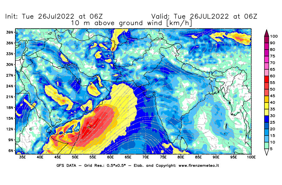 Mappa di analisi GFS - Velocità del vento a 10 metri dal suolo [km/h] in Asia Sud-Occidentale
							del 26/07/2022 06 <!--googleoff: index-->UTC<!--googleon: index-->