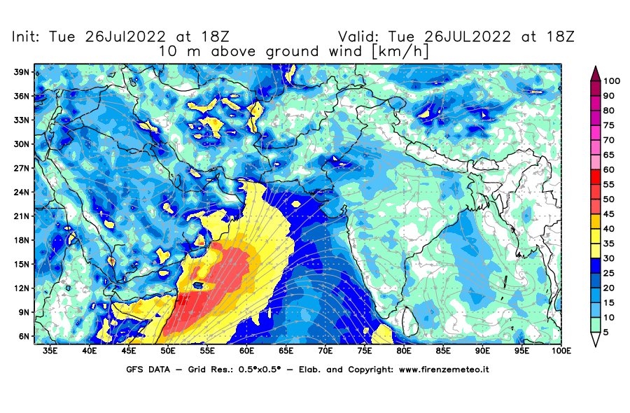 Mappa di analisi GFS - Velocità del vento a 10 metri dal suolo [km/h] in Asia Sud-Occidentale
							del 26/07/2022 18 <!--googleoff: index-->UTC<!--googleon: index-->