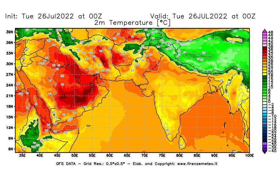 Mappa di analisi GFS - Temperatura a 2 metri dal suolo [°C] in Asia Sud-Occidentale
							del 26/07/2022 00 <!--googleoff: index-->UTC<!--googleon: index-->