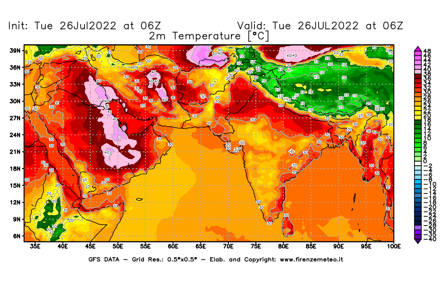 Mappa di analisi GFS - Temperatura a 2 metri dal suolo [°C] in Asia Sud-Occidentale
							del 26/07/2022 06 <!--googleoff: index-->UTC<!--googleon: index-->