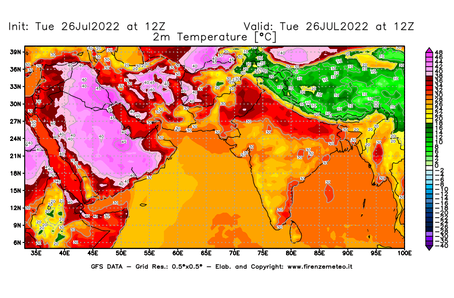 Mappa di analisi GFS - Temperatura a 2 metri dal suolo [°C] in Asia Sud-Occidentale
							del 26/07/2022 12 <!--googleoff: index-->UTC<!--googleon: index-->