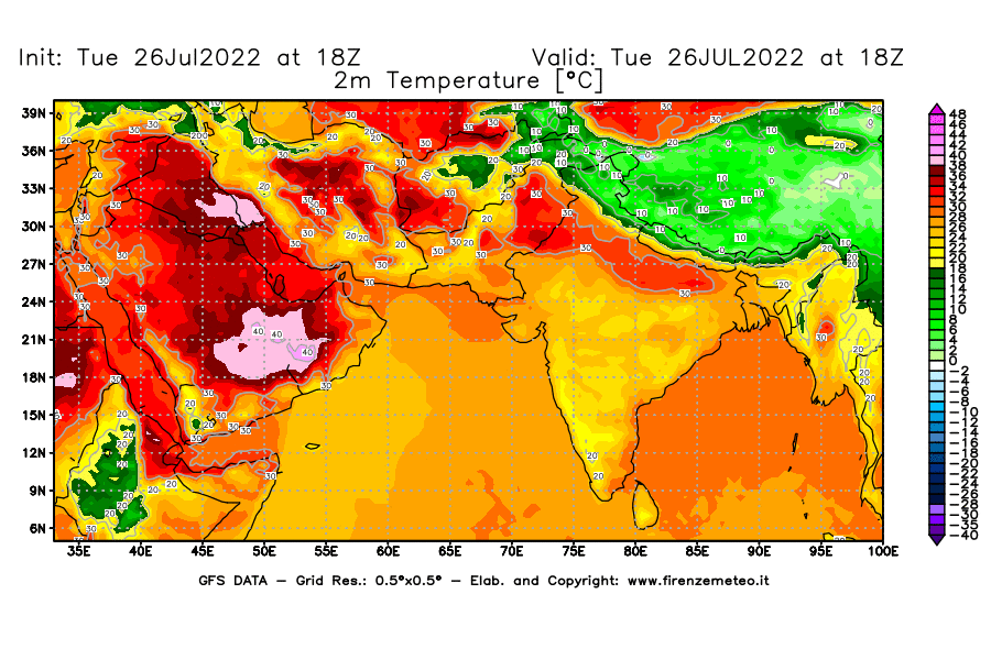 Mappa di analisi GFS - Temperatura a 2 metri dal suolo [°C] in Asia Sud-Occidentale
							del 26/07/2022 18 <!--googleoff: index-->UTC<!--googleon: index-->