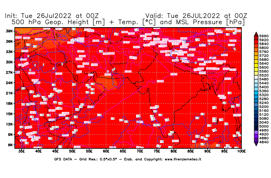 Mappa di analisi GFS - Geopotenziale [m] + Temp. [°C] a 500 hPa + Press. a livello del mare [hPa] in Asia Sud-Occidentale
							del 26/07/2022 00 <!--googleoff: index-->UTC<!--googleon: index-->