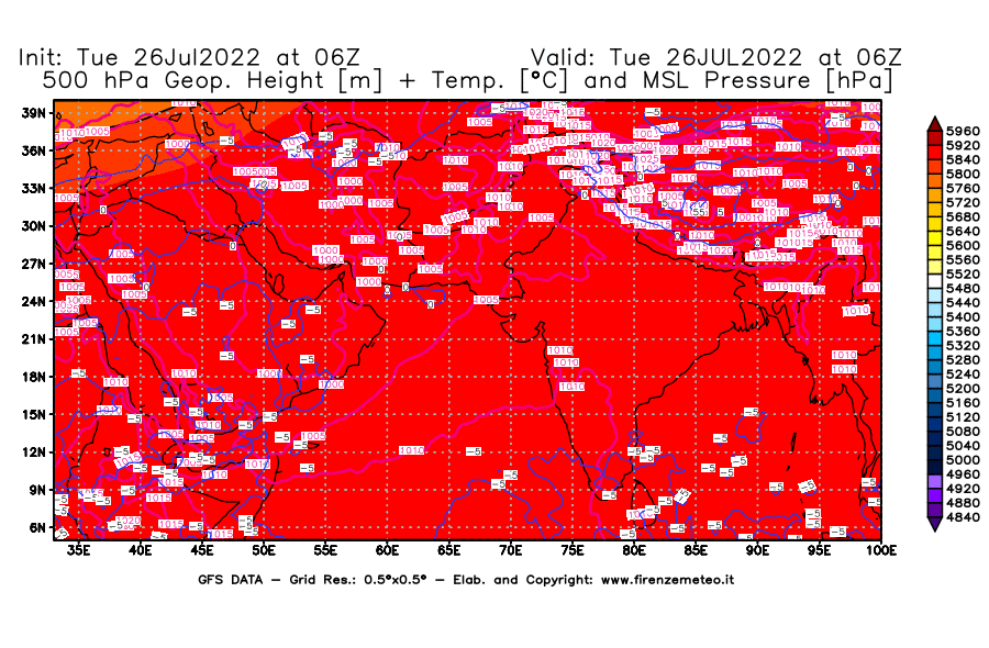 Mappa di analisi GFS - Geopotenziale [m] + Temp. [°C] a 500 hPa + Press. a livello del mare [hPa] in Asia Sud-Occidentale
							del 26/07/2022 06 <!--googleoff: index-->UTC<!--googleon: index-->