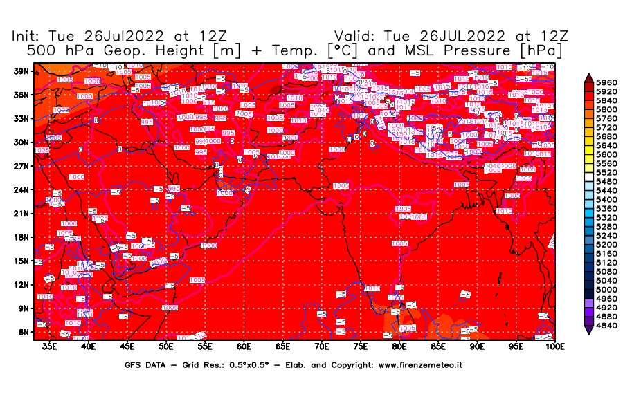 Mappa di analisi GFS - Geopotenziale [m] + Temp. [°C] a 500 hPa + Press. a livello del mare [hPa] in Asia Sud-Occidentale
							del 26/07/2022 12 <!--googleoff: index-->UTC<!--googleon: index-->